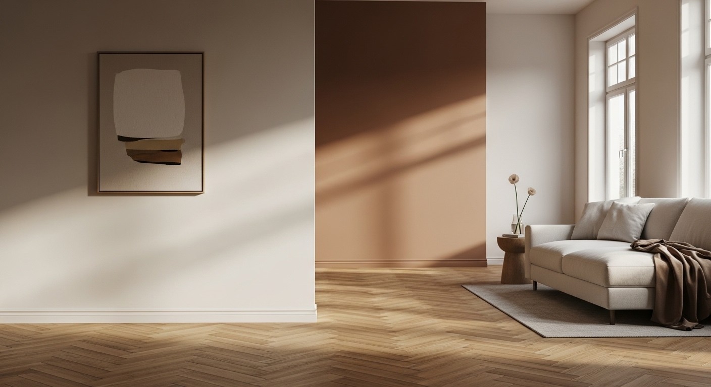 Ąžuolinės grindys svetainėje su eglutės raštu